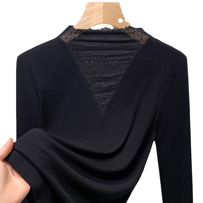 Black Half Turtleneck Lace Base Shirt New Autumn Inner Long-sleeved T-shirt Women's V-neck Top