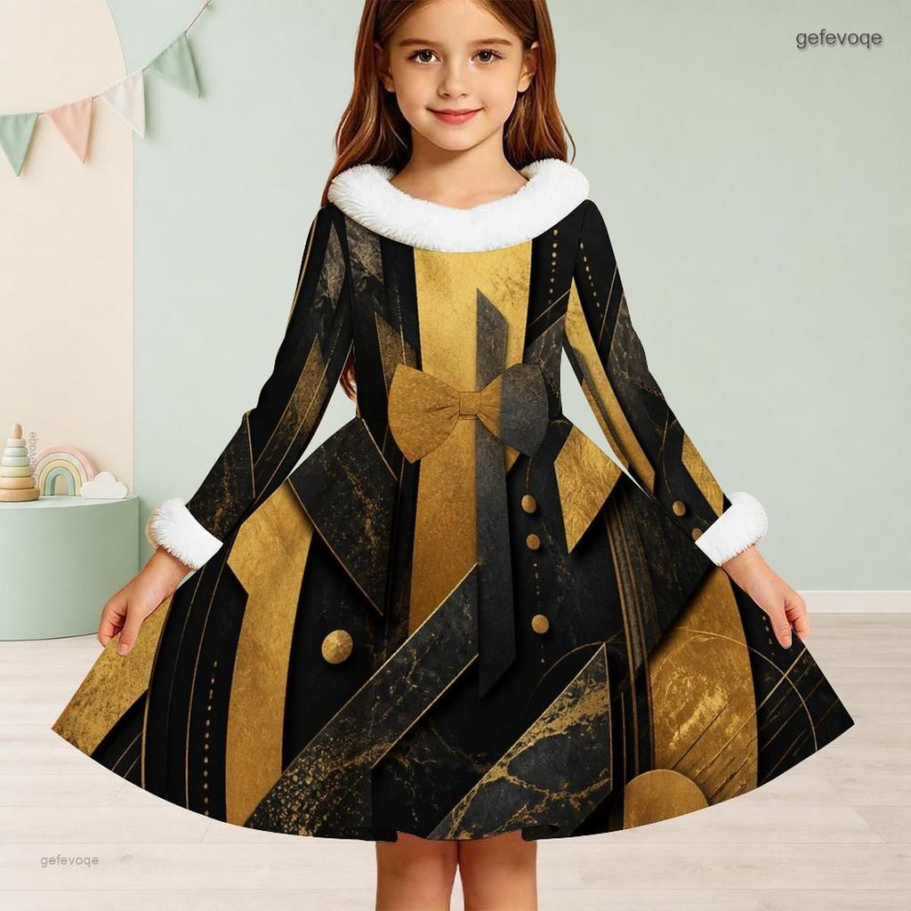 Girls Long Sleeve Black Gold Silver Printed Furry Neck Cuffs A Line Flared Dress