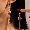Exquisite 2025 French Fashion Red Tassel Earrings with Rhinestone-Leaf and Frosted Pearl Design for Women