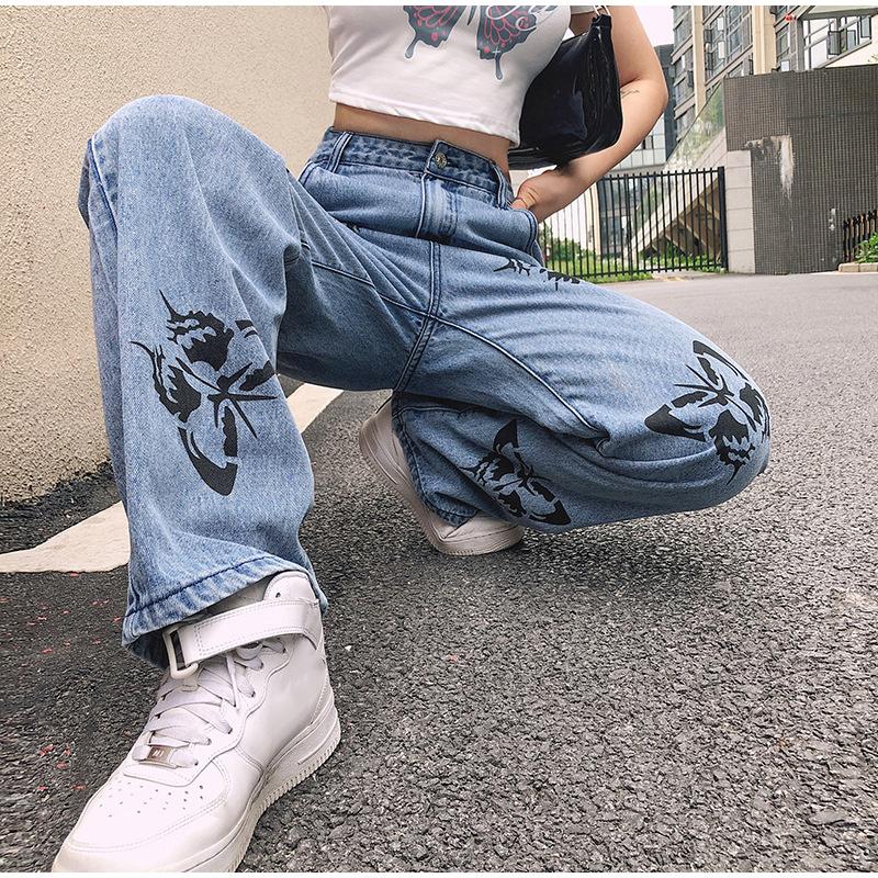 2025 Spring Autumn Trousers High Waist Butterfly Print Y2K Jeans for Women Fashion Loose Straight Leg Denim Pants Casual Clothing