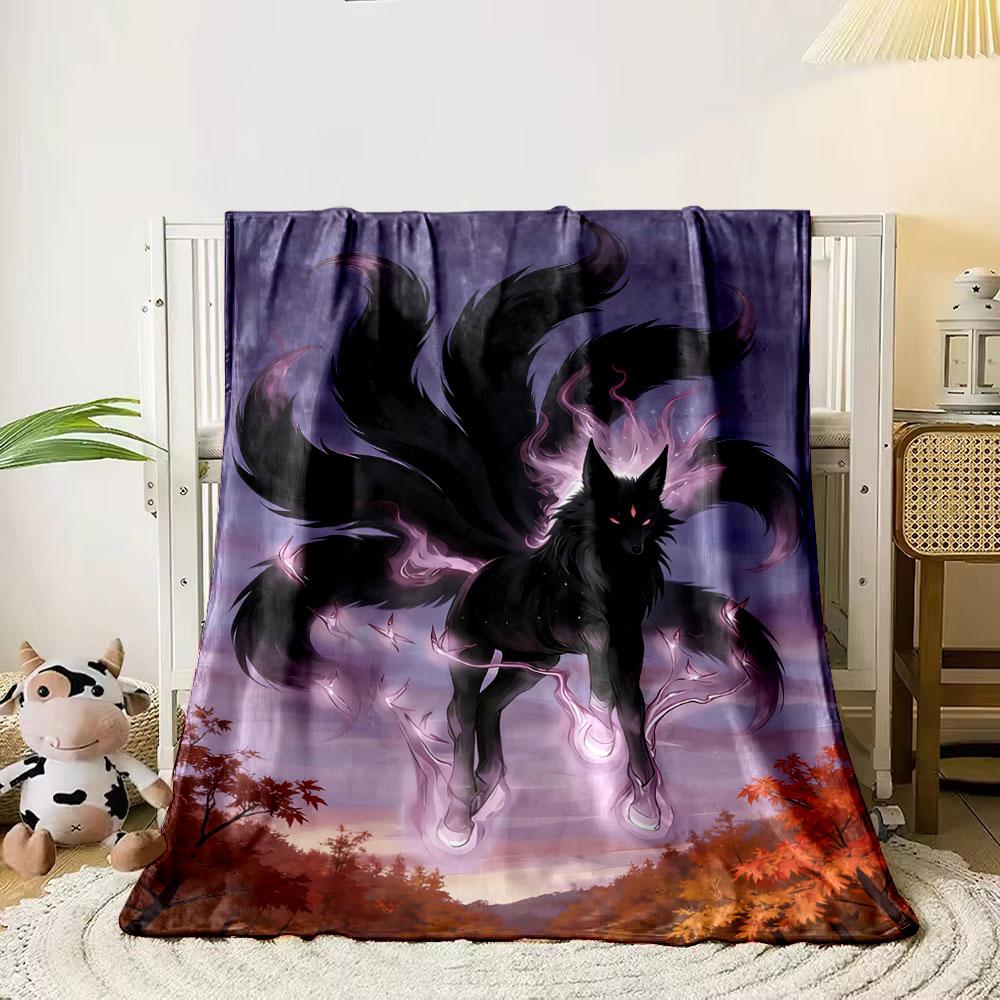 A mystical black nine-tailed fox with glowing purple energy patterns. for all seasons blanket lunch break throw gift