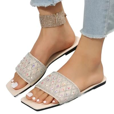 2024 Летняя мода Новые сексуальные повседневные удобные однотонные босоножки со стразами, тапочки с квадратным носком и плоским каблуком, большой размер 35-43
