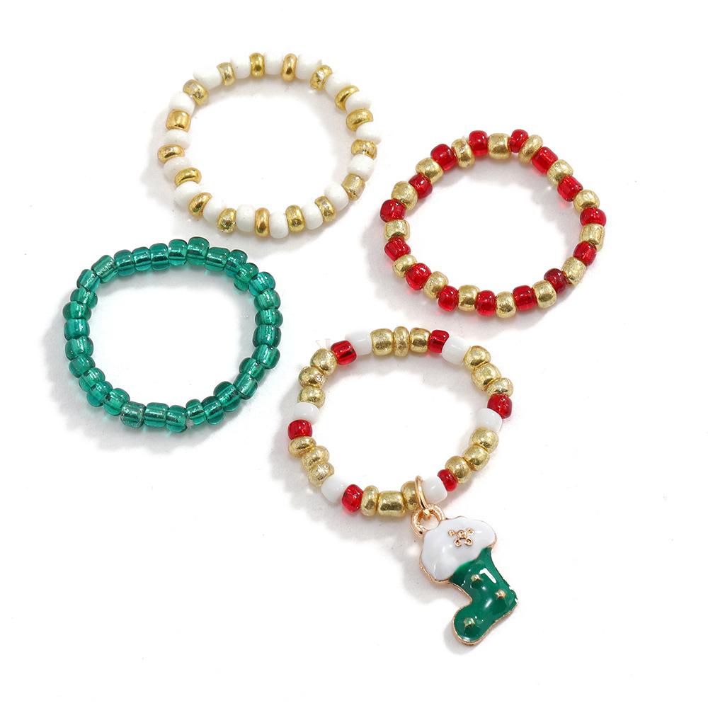 Рождественская серия Цветные рисовые бусины 4-х частей набор колец, Тренд эластичное кольцо для женщин