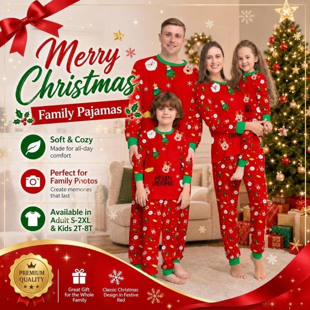 Long Sleeve Family Matching Pyjamas Printed Top+Pants Red Couple Christmas Outfit Adult Kids