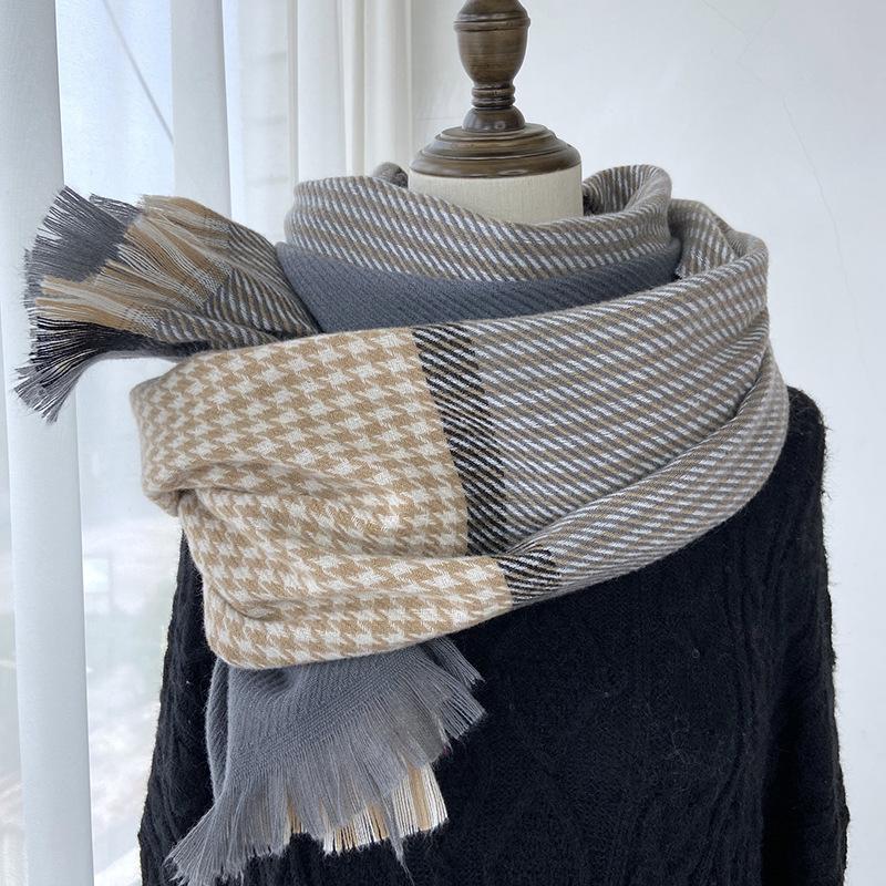 Women's Elastic Soft Plaid Scarf Striped Winter Warm Scarf with Tassel Trim, Versatile Fashion Accessory for Casual Outings