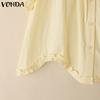 VONDA Women Ruffled Lace-up Neck Short Sleeve Casual Long Blouse