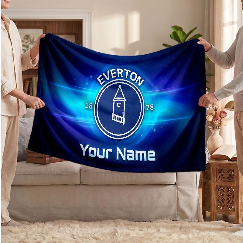 Everton FC Personalized Fleece Blanket With Football Logo, Custom Name Text Soft Warm Home Throw Blanket
