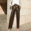 Fashion Solid PU Leather Straight Pants Autumn Office Lady Pocket Trousers High Street Casual Women Slim Long Pants