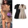 Fall and Winter New Women's Clothing Fashion Style Easiest for Match Waist-Controlled Large Hem Stretch V Neck Short Sleeve Knitting A- Line Dress