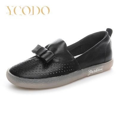 Весенне-летняя женская обувь из натуральной кожи с мягкой подошвой и открытыми отверстиями, удобная нескользящая обувь для беременных на плоской подошве с бантом