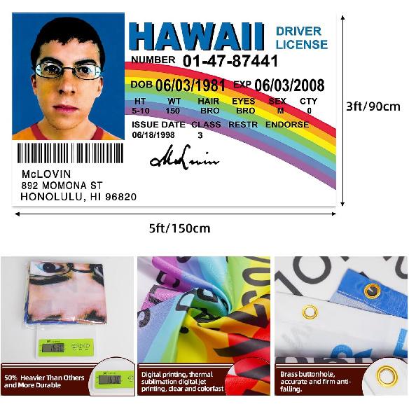 Valentines Day Gifts Mclovin ID Flag 3x5Ft Heavier Funny Wall tapestry for Bedroom College Dorm Room Decor,Large Mclovin Flag with 4 Brass Grommets