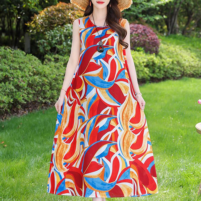 Повседневные летние платья для женщин, винтажная одежда, свободное без рукавов, большие размеры, элегантное длинное платье с поясом