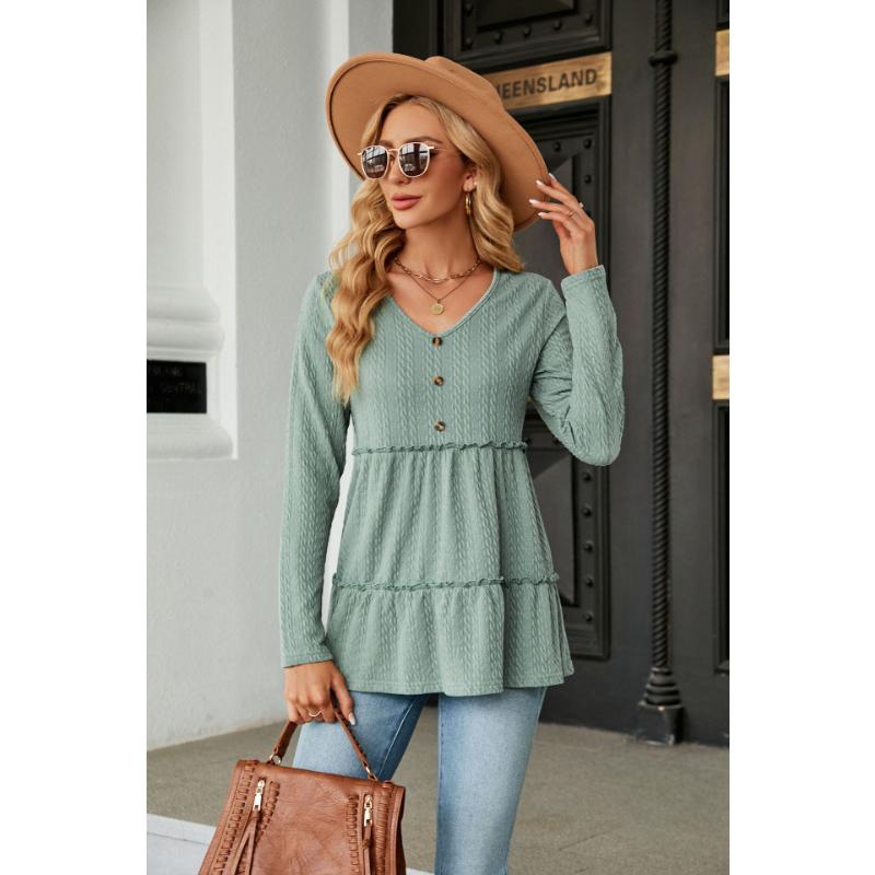 Весенне-осенняя женская блузка с v-образным вырезом, однотонная, на пуговицах, в стиле пэчворк, свободный топ с длинными рукавами