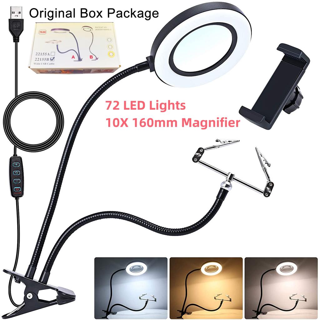 10X Magnifying Glass with 72 LED Light Magnifying Lamp Clip On Illuminated Magnifier Selfie Ring Light with Phone Holder Metal
