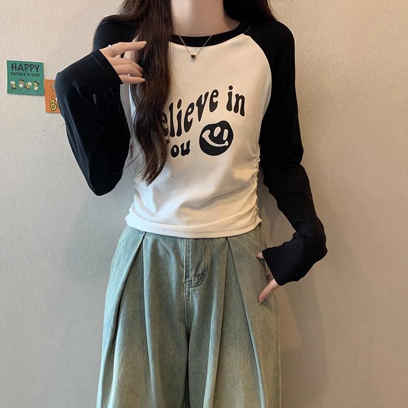 Футболка женская с короткими рукавами и круглым вырезом, с рукавами реглан, с принтом букв, с плиссировкой на талии, с короткими рукавами, верхняя часть рубашки на осень