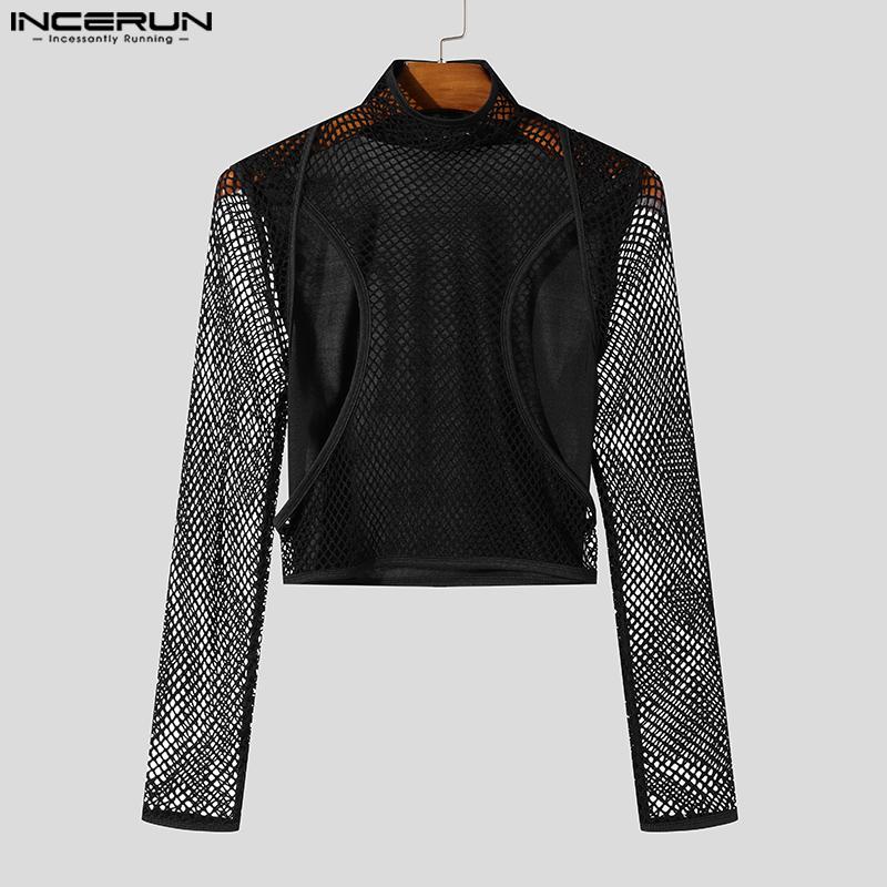 INCERUN Men Mockneck Long Sleeve Mesh Sheer Cutout T-shirts See Through Crop Tops