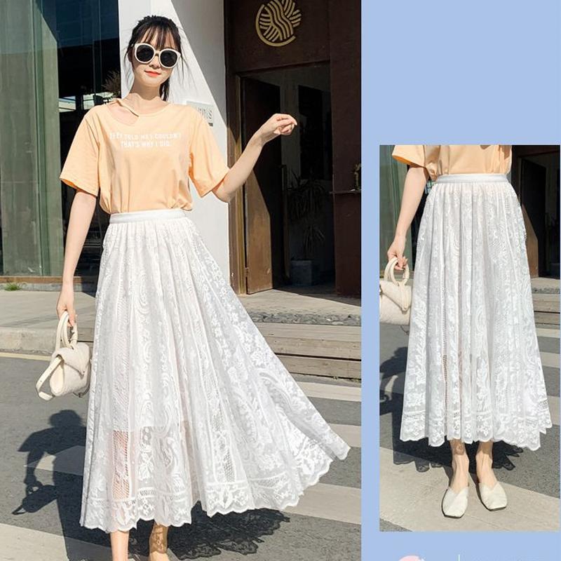 Женская кружевная газовая модная длинная юбка, весенне-летняя темпераментная, с высокой талией, тонкая, свободная, повседневная, шикарная, элегантная, женская юбка миди