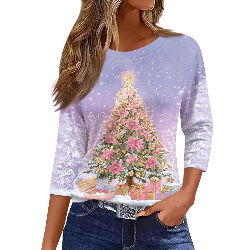 Женский топ с круглым вырезом и рукавом 3/4 с рождественским принтом