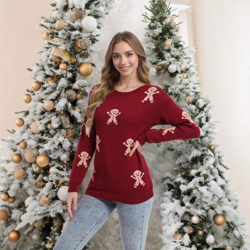 Womens Christmas Cartoon Embroidered Knit Sweater Loose Fit Round Neck Long Sleeve Pullover Winter
