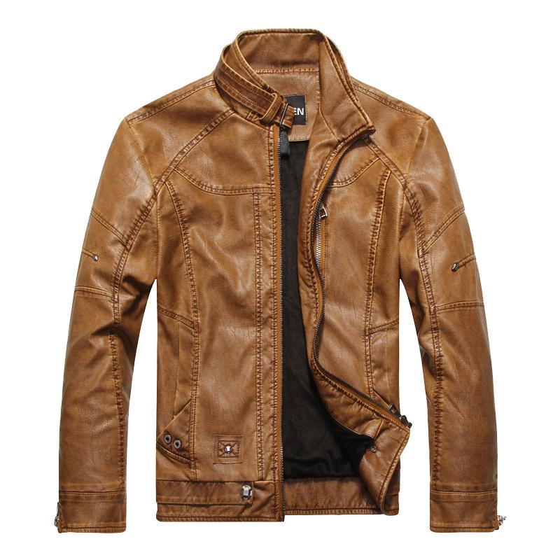 Men's Retro Winter Washed PU Leather Motorcycle Jacket with Stand Collar and Plus Velvet Lining