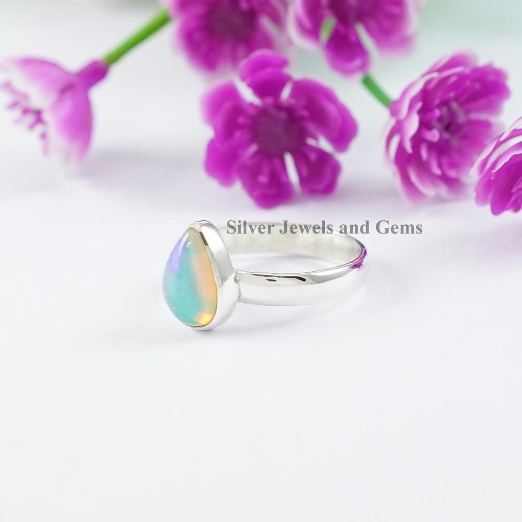 Natural Ethiopian Opal Ring, Teardrop Ring, Gift for Wife, Handmade Ring, 925 Sterling Silver Ring, Gemstone Ring, Birthday Gift