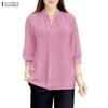 Women Casual V-Neck Solid Color 3/4 Sleeve Loose Blouse