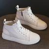 2025 Autumn Women's Genuine Leather High-Top Sneakers - Trendy White Casual Shoes.