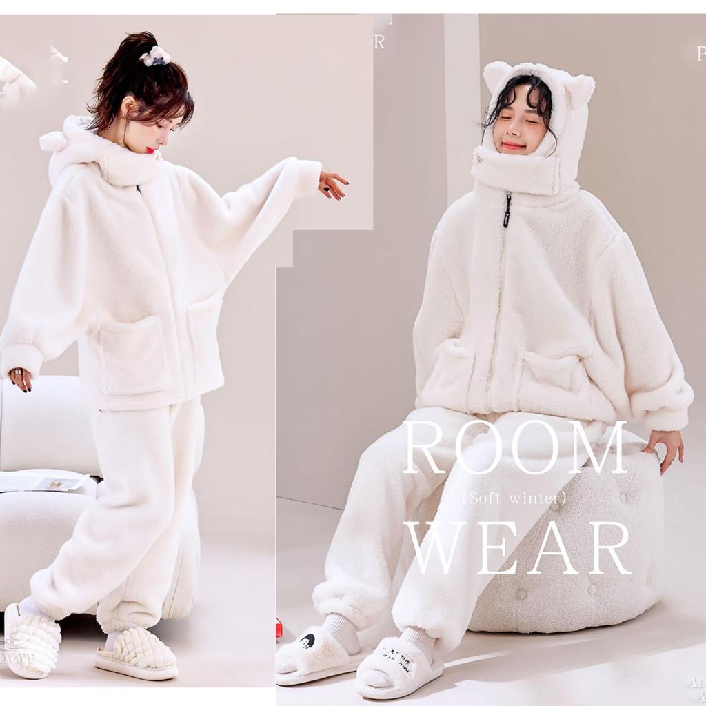 LAVASEON Winter Pajama Cute Animal Print with Bear Warm and Fun Open Fleece and Comfortable Loungewear for Fall and Winter Women's Set, Fluffy, Ears,