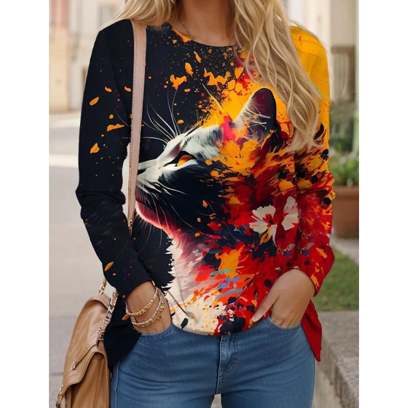 Women's T-shirt 3D Printed Art Design Cat Pattern Long Sleeved Fun Round Neck Top