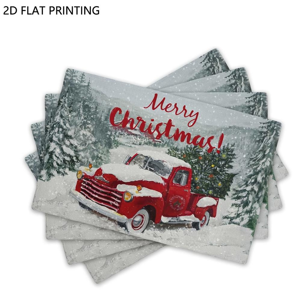 4pcs/6pcs Vintage Red Truck Christmas Table Mats Suitable for Dining, Placemats with Red Truck for Xmas Decor, Hand Washable Rectangular Holiday Weddi
