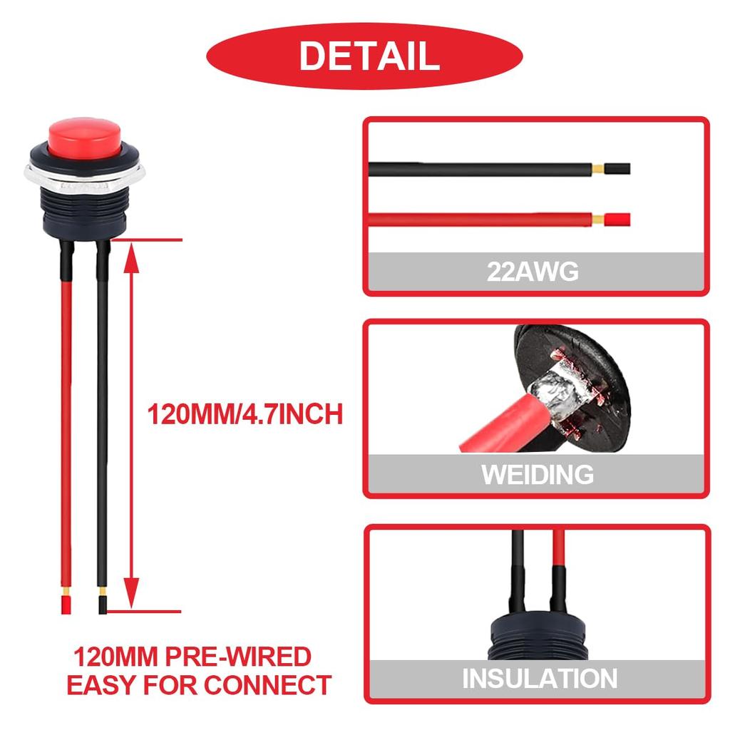 10Pcs 16mm Black Momentary Push Button Switch SPST ON Off Switch 3A 250V AC/6A 125V AC 2Pin Self-Resetting Round Switch with Locked Terminal Wires