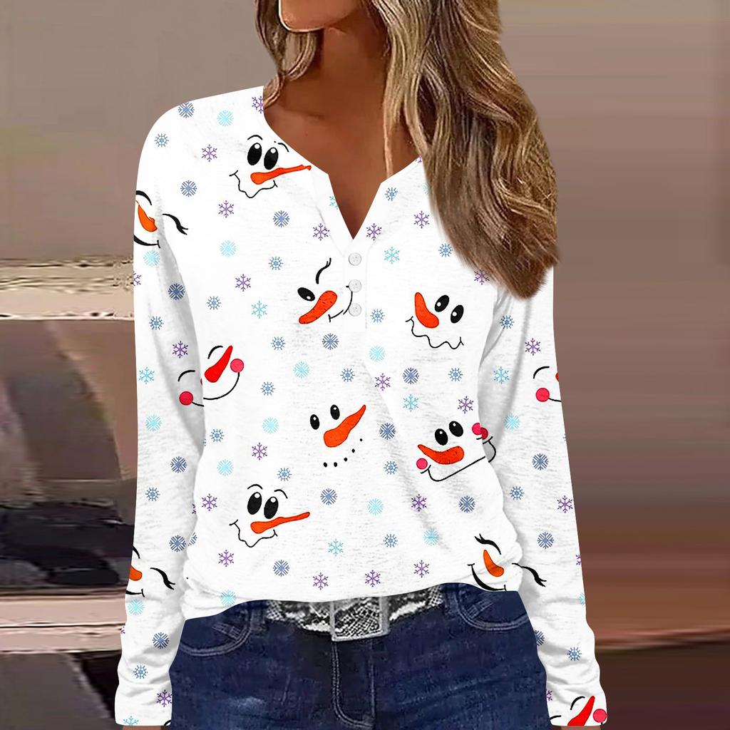 Женская мода повседневная цветочная рождественская печать V-образный вырез с длинными рукавами на пуговицах с длинными рукавами топ