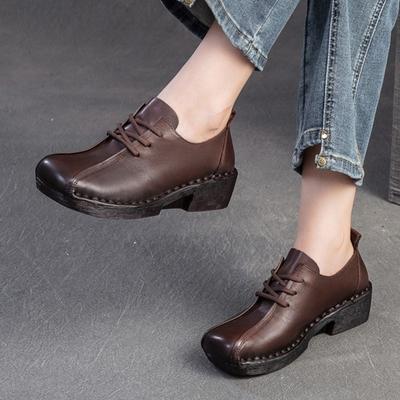 Туфли-лодочки из натуральной кожи на шнуровке в британском стиле, повседневные женские туфли на среднем каблуке для поездок на работу