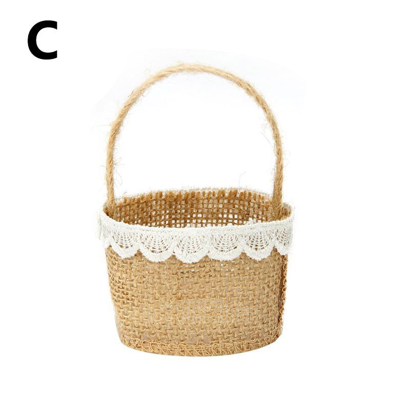 1PC Gift Bag Party Burlap Storage Basket Linen Handle Baby Shower Lace Wedding Ceremony Flower Basket Table Decoration