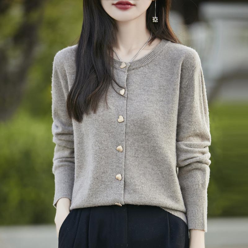 Minimalist Solid Basic Structured Shoulder Versatile Long Sleeve Knit Cardigan Heart Button Round Neck Sweater Women