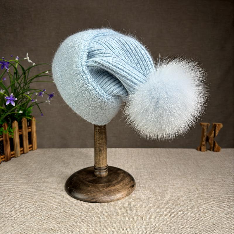 Korean Version Fox Fur Ball Knitted Hat Versatile Ear Protection Thickened Angora Rabbit Fur Flanked Plush Woolen Hat Trendy