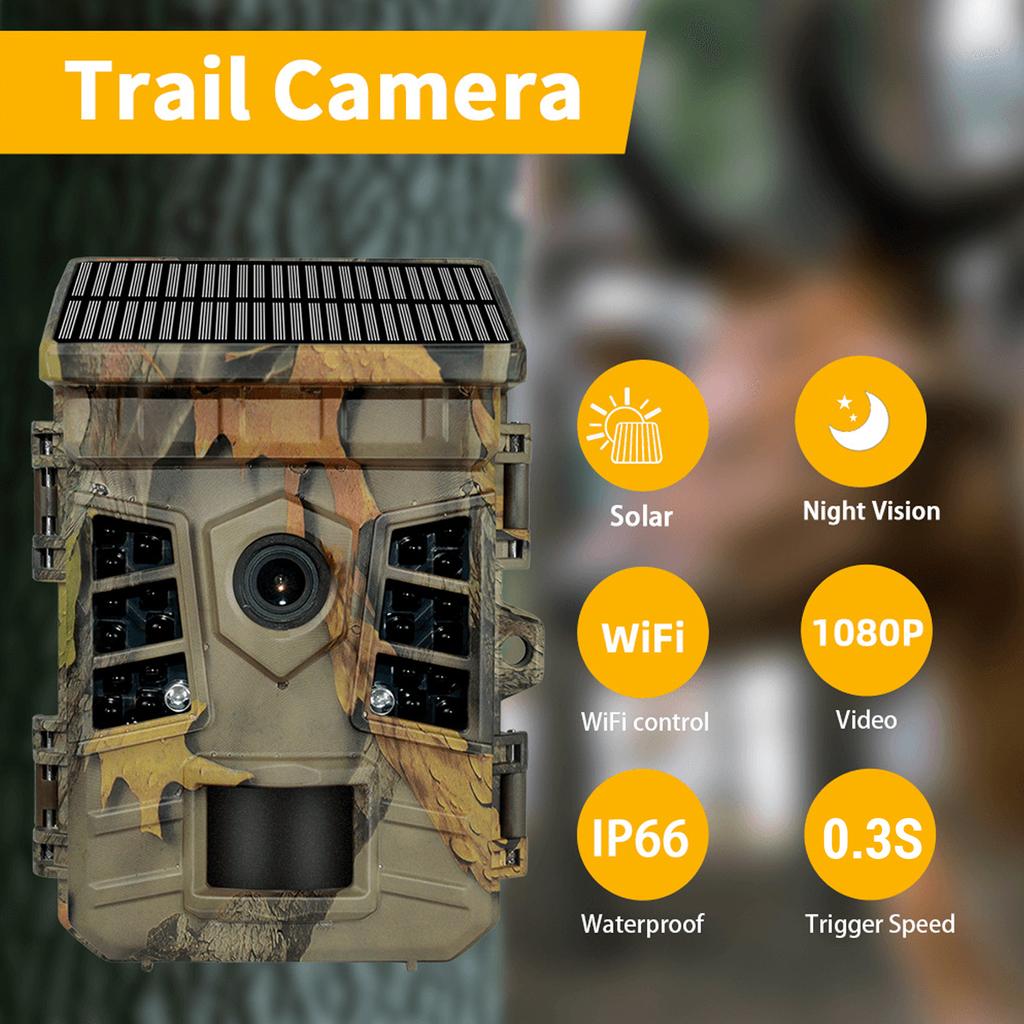 IP66 Trail Camera, Solar Powered Camera with Night , 32MP WiFi Trail Camera for Outdoor Use