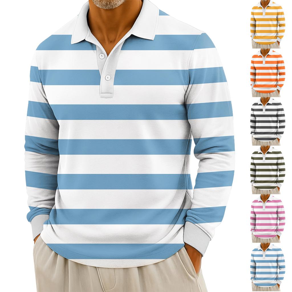 Men's Casual Striped Print Button-Up Long-Sleeve Tops