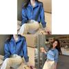 Retro Navy Denim Shirt For Women With Long Sleeves And Pockets For Casual Office Wear