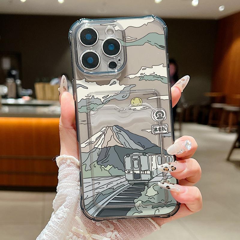 Чехол для телефона с прозрачным слотом для карт с рисунком в виде мультяшных гор для iPhone 16 Pro Max 15 Pro 14 13 12 11, мягкий силиконовый прозрачный противоударный тонкий чехол-бампер