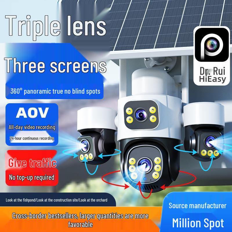 Triple Lens 4G Outdoor Camera: 360° Wide-Angle, Night Vision, Voice Intercom, Solar-Powered, Waterproof Monitoring