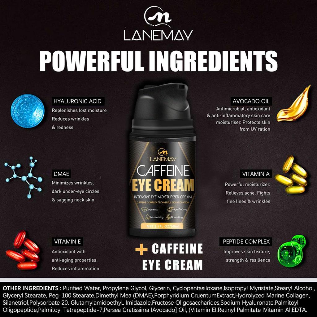 Крем для кожи вокруг глаз с кофеином устраняет отечность, уменьшает темные круги и мешки под глазами, разглаживает мелкие морщинки, подтягивает и увлажняет кожу