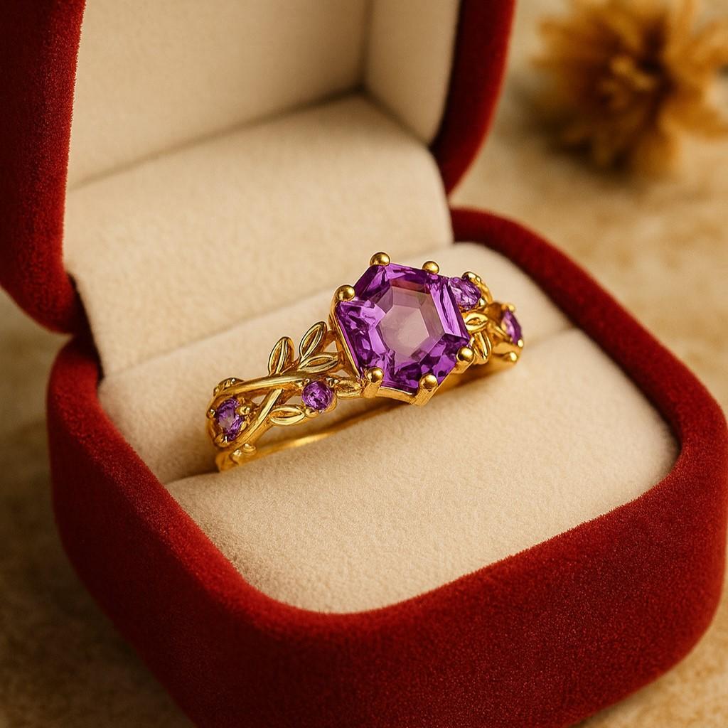 Hexagon Amethyst Engagement Ring – Yellow Gold Plated Leaf Wedding Band for Women | February Birthstone Promise, Anniversary Gift