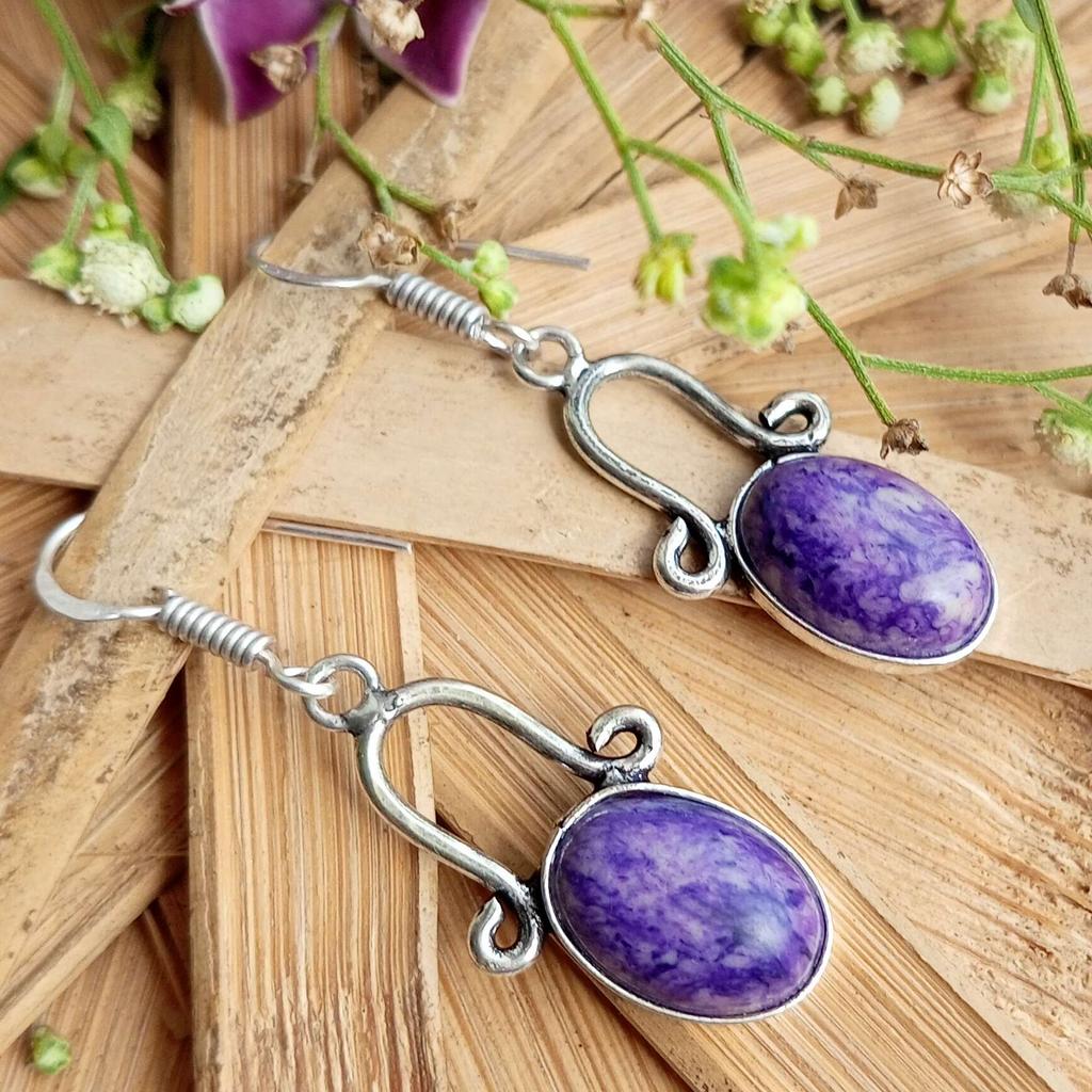 Чароит Драгоценный камень Стерлингового серебра 925 пробы с покрытием для вечеринок Серьги-крючки Ювелирные изделия NST-J2H20130