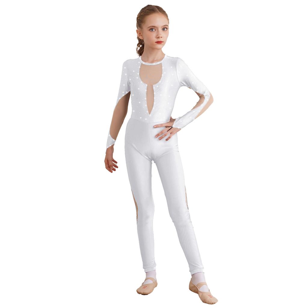 Kids Girls Shiny Gymnastics Unitard Bodysuit Long Sleeve Back Keyhole Mesh Patchwork Ice Skating Jumpsuit