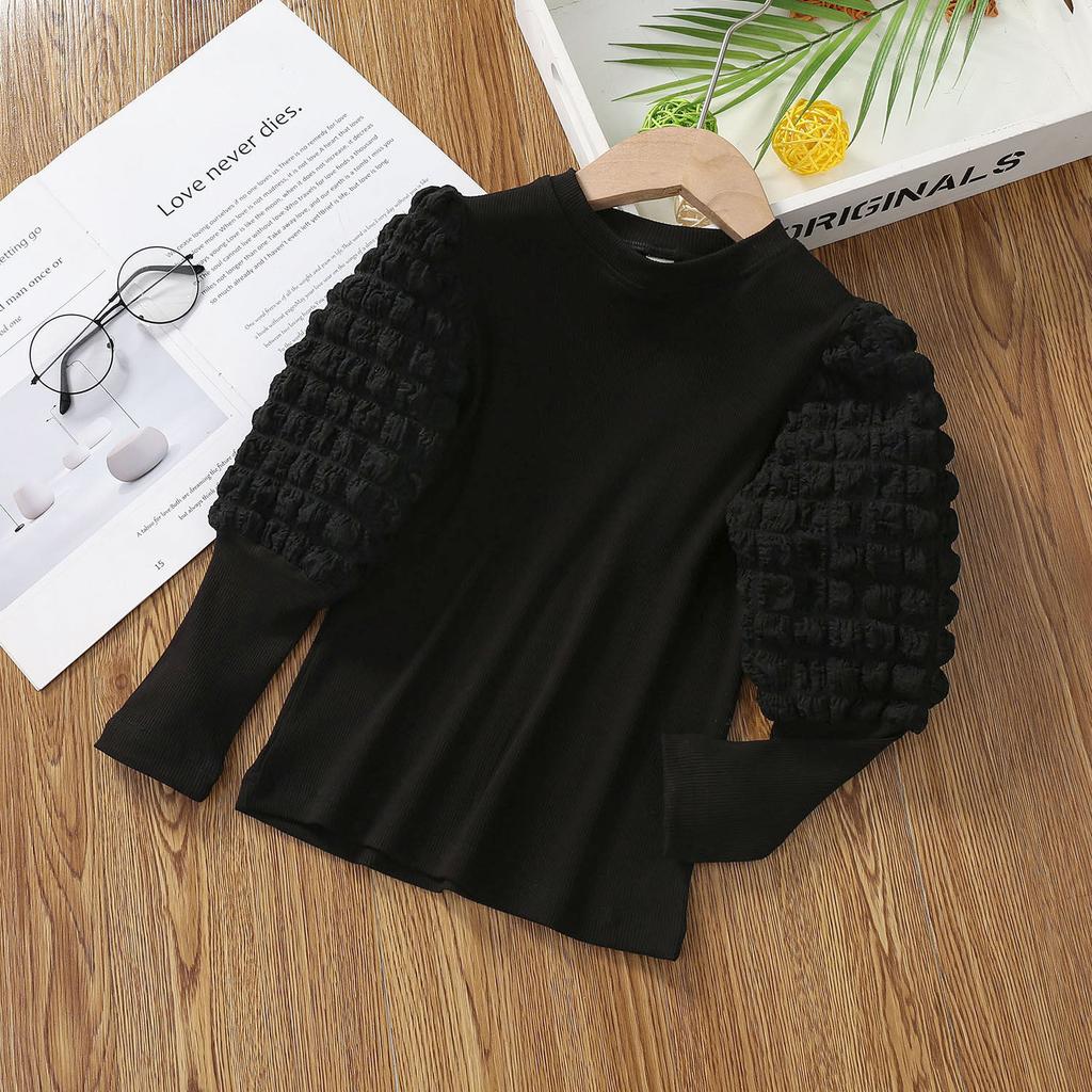 Базовая рубашка для девочек, весна и осень, полувысокий ворот, рукава-фонарики, утолщенная детская футболка с длинными рукавами, женский топ