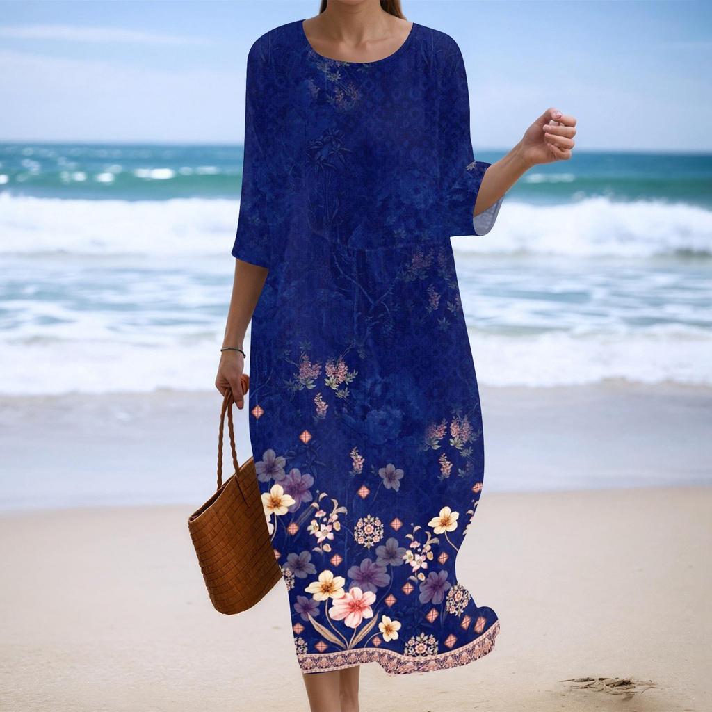 Женское модное платье свободного кроя с принтом, круглым вырезом и рукавом три четверти