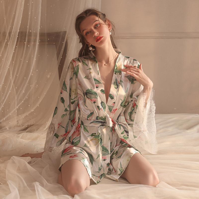 Сексуальная кружевная пижама с перспективой искушения, халат на шнуровке с принтом, женская домашняя одежда