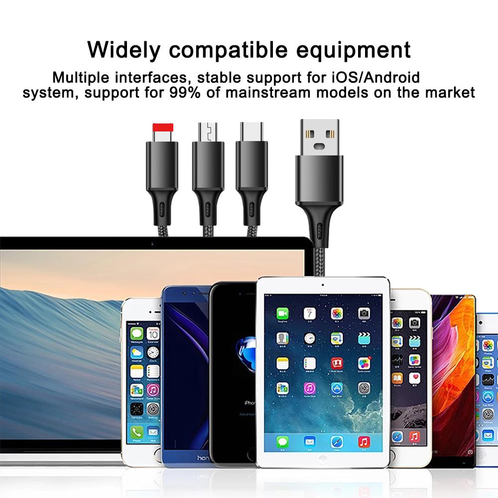 Weaving One To Three Data Cables Usb Port Multiple 3In1 Micro USB Type C Charger Cable For Ios/Android/Type-C USB Charging Cable