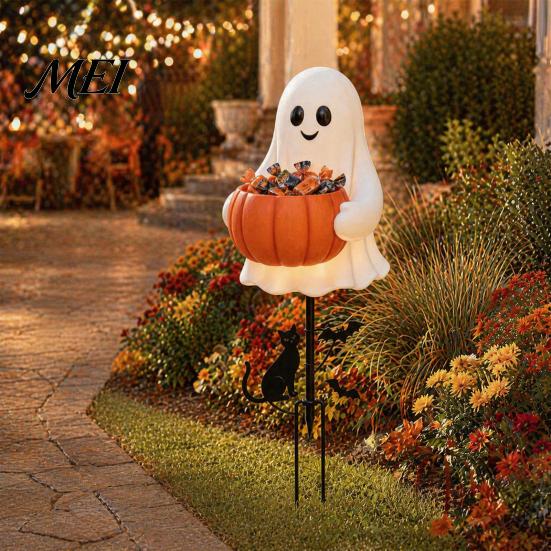 Cute Ghost Figurine with Metal Bracket Halloween Candy Holder Garden Stake, Glowing Pumpkin Bowl, Sturdy Resin Container Outdoor Yard Sign for
